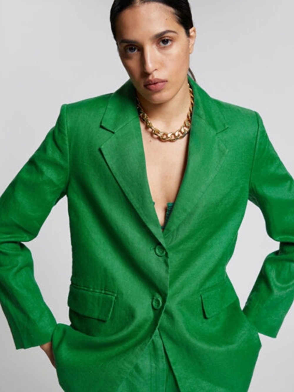 NWOT & OTHER STORIES LOS ANGELES 100% LINEN EMERALD GREEN BLAZER — EU 38